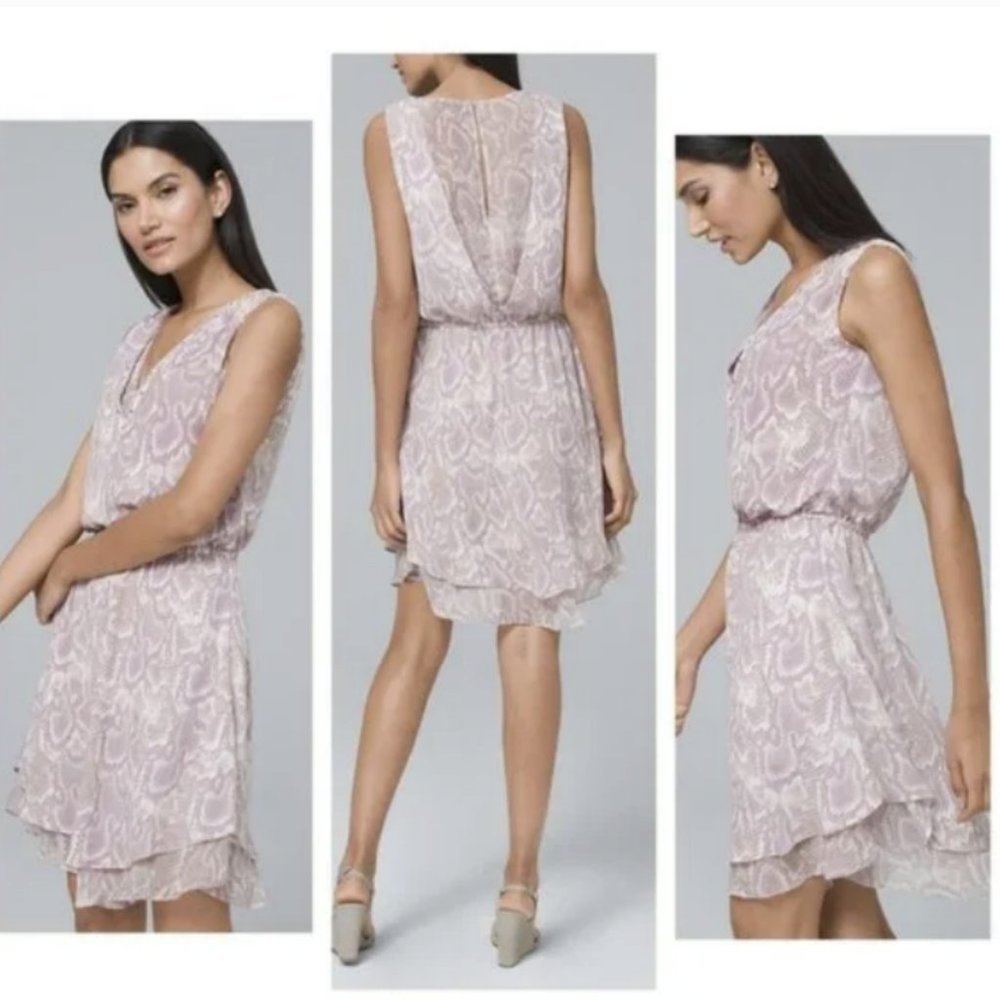 WHBM White House Black Market Snakeskin Chiffon Studded V-neck Blouson Dress